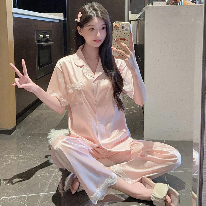 Sweet Butterfly Satin Ice Silk Jacquard Pajamas Women'S Lace Summer Short-Sleeved Comfortable Loungewear Set