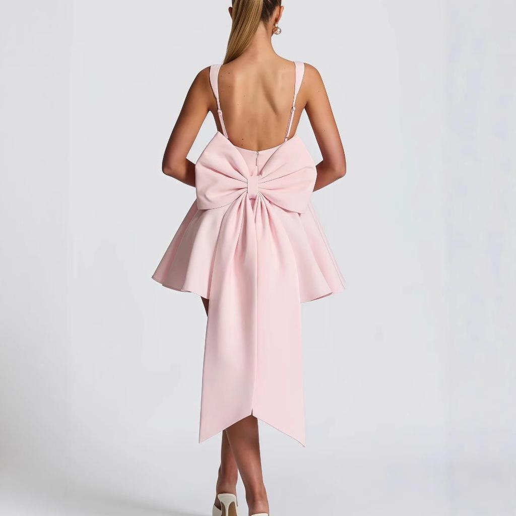 Sweet Spaghetti Strap Backless Dress with Large Bow - 2025 Spring Collection