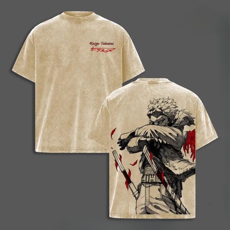 

Hawks Manga Printed T-shirt My Hero Academia Anime Vintage Washed Oversized T Shirt Men Women Clothing Cotton Short Sleeve Tees XXL