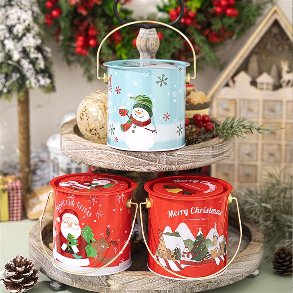 2pcs Christmas Candy Boxes with Handle Handheld Round Bucket Sweets Packaging Tins Portable Tinplate Candies Holders