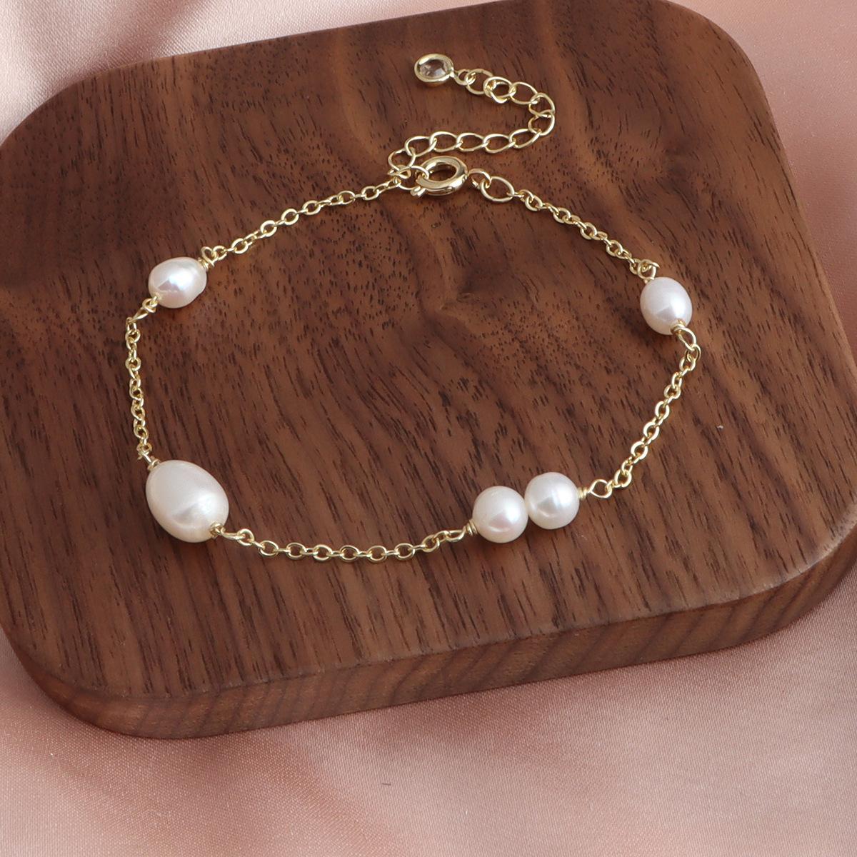 

New Chic Baroque Freshwater Pearl Beaded Strand Bracelets For Women 14K Real Gold Plated Copper O Chain Daily Fashion Jewelry