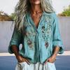 Cross-border Casual V-neck Lake Blue Embroidered Long-sleeve Shirt - TikTok Hot Seller