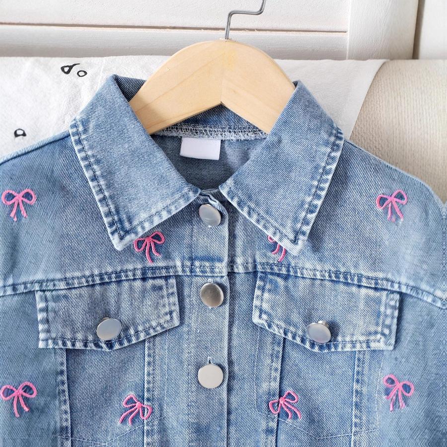 Autumn/Winter New Style Girls' Outfit Set Embroidery Bow Long Sleeve Jacket + Pants Denim Set