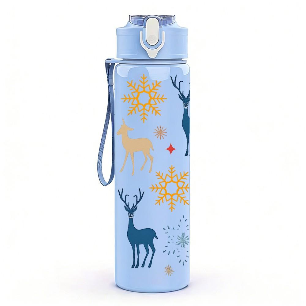 1PC Winter Deer Snow Forest Folk Print 750ml Color Plastic Sports Water Bottle Leakproof Flip Straw Lid Suitable for Sports Office Home Use