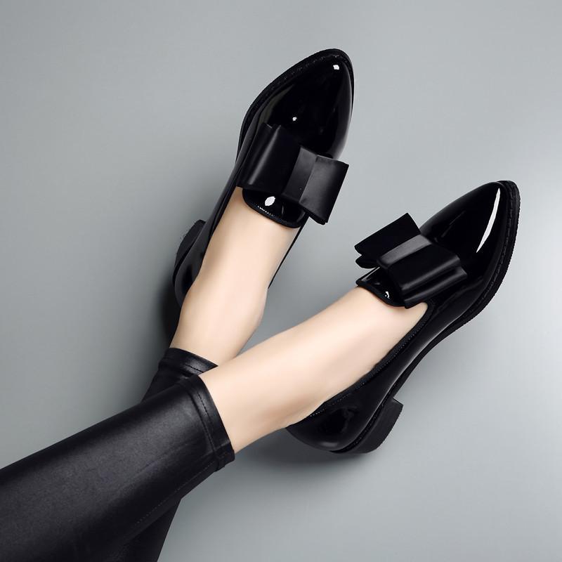New Women Loafers Bowknot Decorated Flat Shoes Pointed Toe Women Casual Casual Patent Leather Peep Toe Shoes