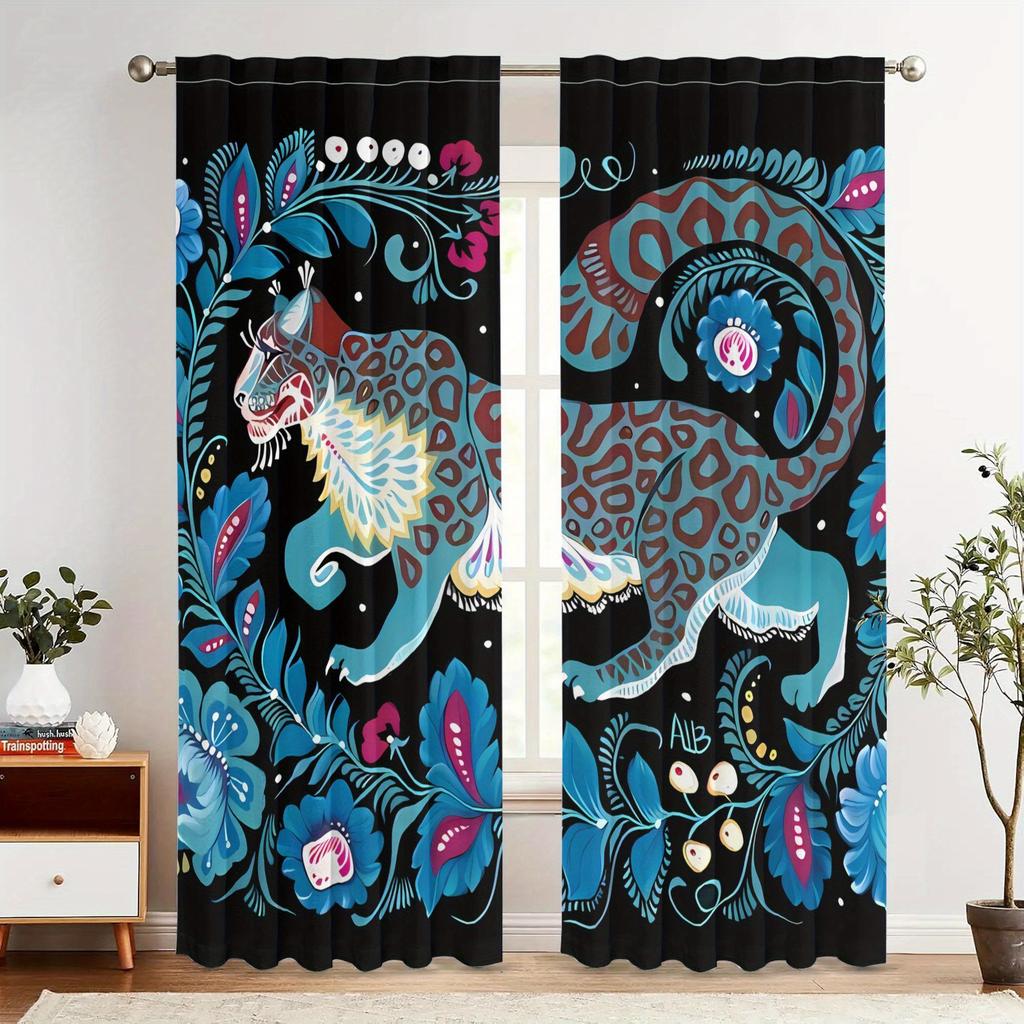 2pcs Folk Art Leopard Print Blackout Curtains Polyester Retro Tribal Design with Vibrant Blue, Pink, Turquoise & Golde