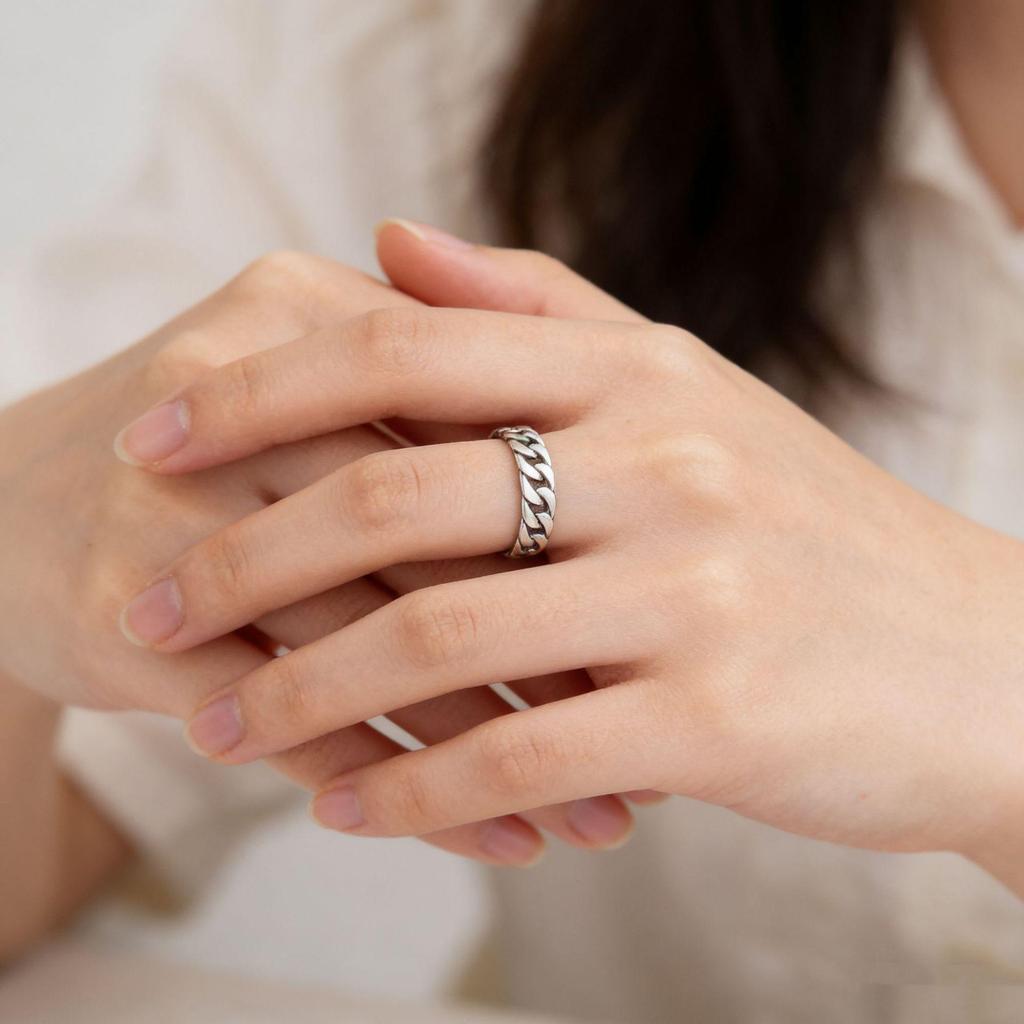 CaiYi S925 Sterling Silver Twist Chain Ring - Trendy Unisex Design