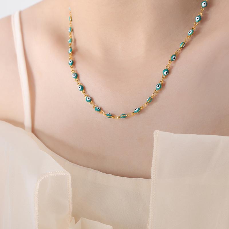 French Retro Colorful Enamel Titanium Steel Necklace & 18K Gold Bracelet - Versatile Personalized Niche Jewelry for Women