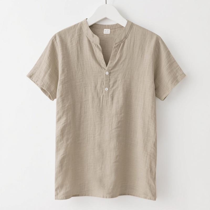 Summer Men's Casual Loose Stand Collar Linen Shirt - Trendy Short Sleeve Plus Size Solid Color