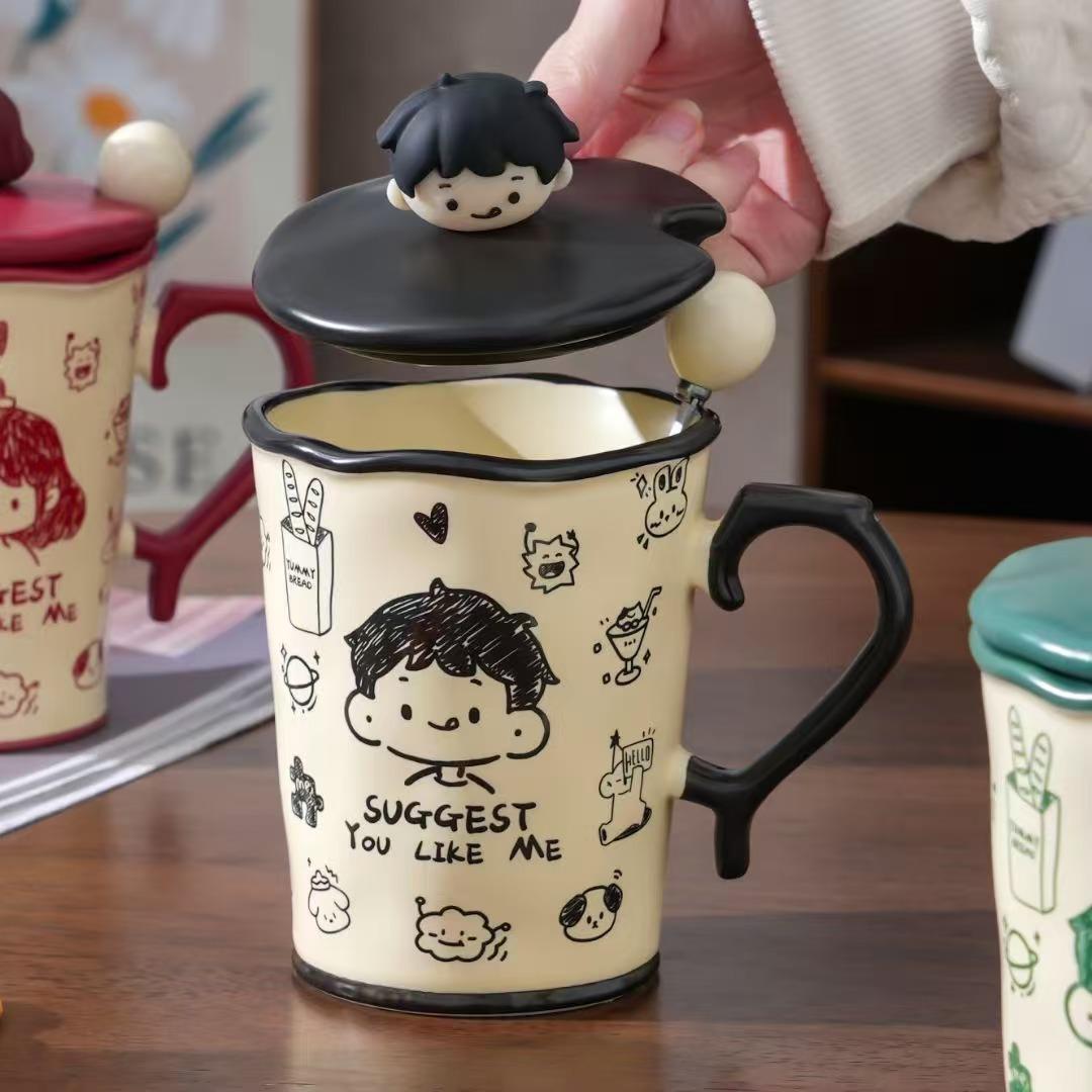 

Креативная Персонализированная Пара с Крышкой и Ложкой Керамическая Чашка Высокого Внешнего Вида Большая Вместимость Кружка для Маленького Подарка для Девочек Чашка для Воды для Домашнего Использования 400ML