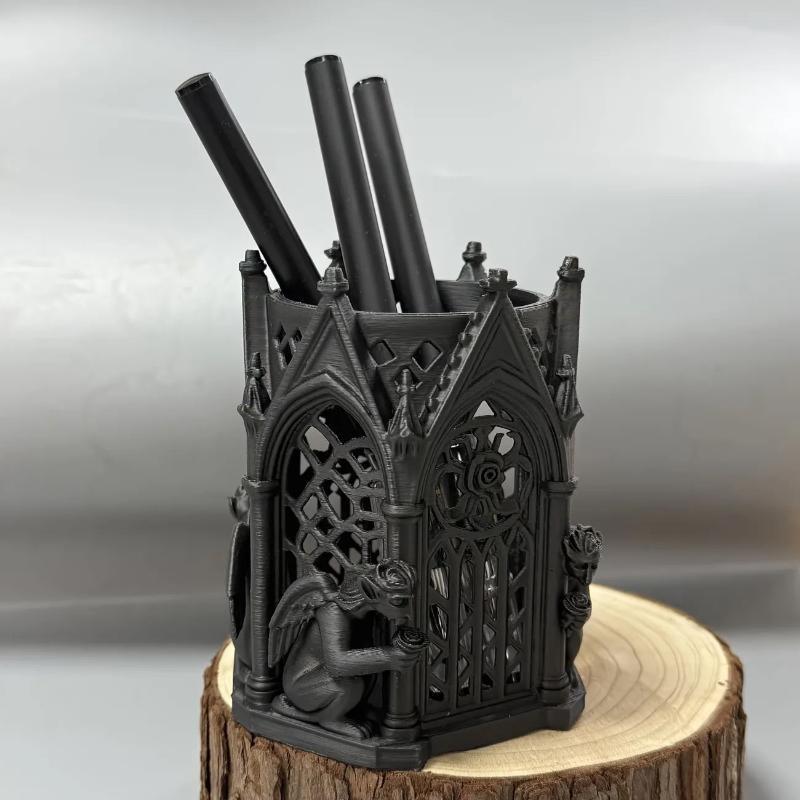 3D Printed Gothic Pen Holder Multifunctional Storage Box Eco-friendly Material for Office Stationery Vanity Use