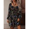 Retro Black Background Floral Square Neck Dress Long Sleeve High Waist Ruffle Edge Thin Small Print Short Skirt
