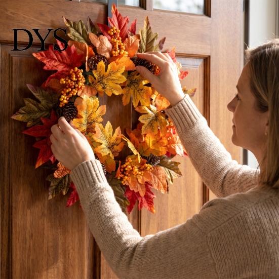 Rustic Farmhouse Porch Decor Fall Maple Leaf Wreath for Front Door, Artificial Autumn Foliage Door Hanger with Pinecone Berries, Thanksgiving Harvest