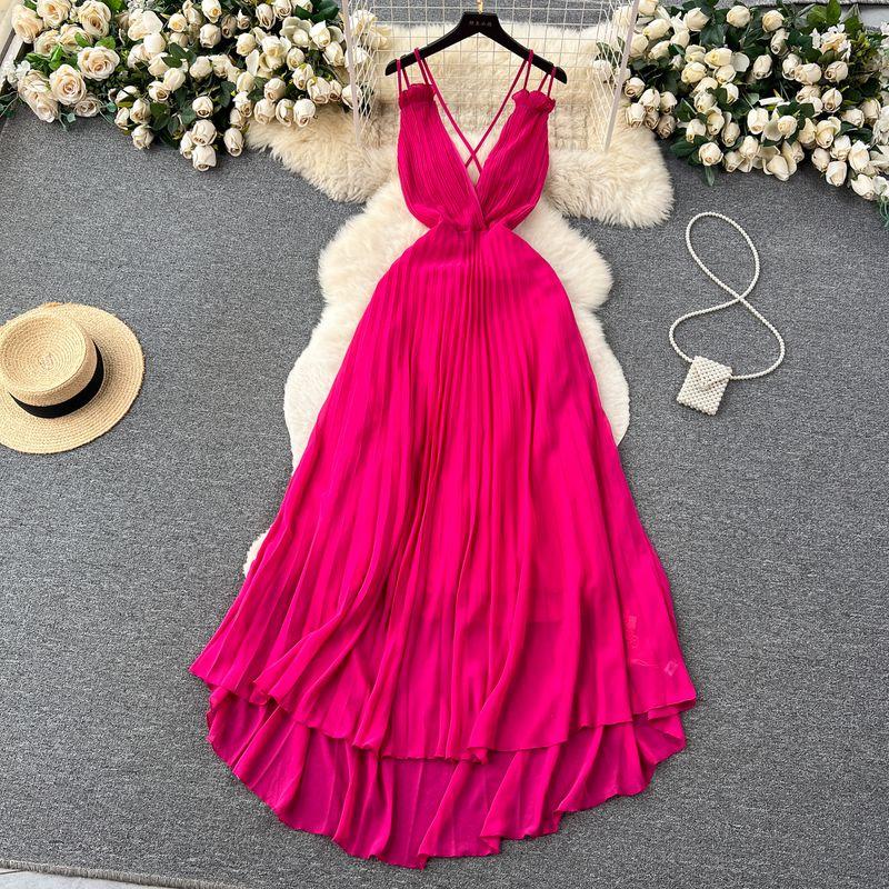 

Sexy Affordable Luxury Style Dress Women s Summer Fancy Pleated Deep V-neck Open Back Design Waist-Controlled Large Hem Suspender Dress Rose Red M