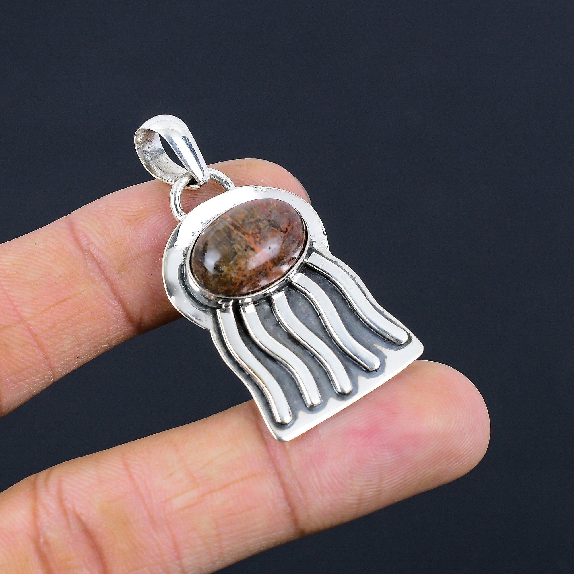 

Oval Polychrome Jasper Gemstone Sterling Silver Birthday Unique Art Deco Pendant