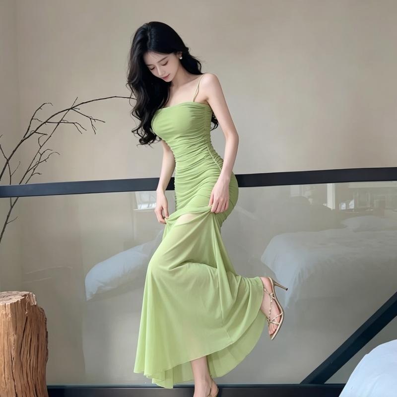 French Wind Mesh Stitching Irregular Fishtail Suspender Skirt Summer Temperament Waist Slim Pleated Hip Wrap Dress