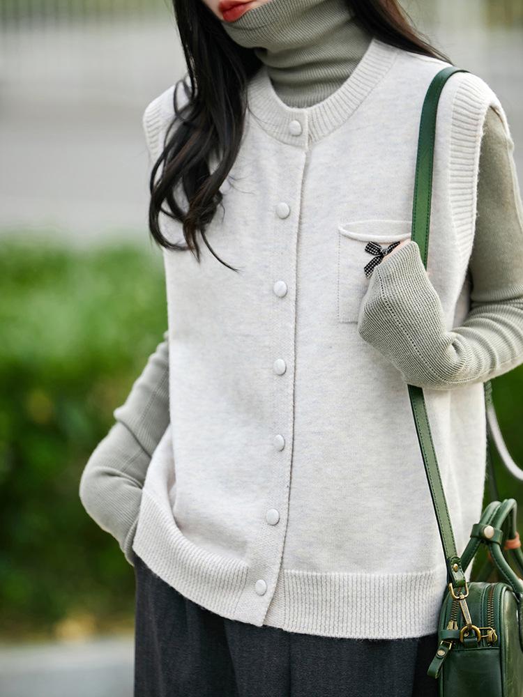 Damen Schicker Grauer Gestrickter Ärmelloser Weste - Rundhalsausschnitt, Lockere Passform Herbst Layering Top