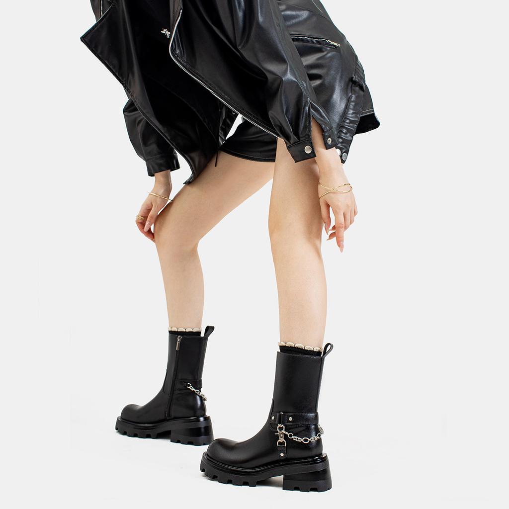 Fashion Designer Casual Chunky Platform Ankle Boots Women Pu Leather Square Heels Combat Boots Woman Lace Up Black Short Booties Female