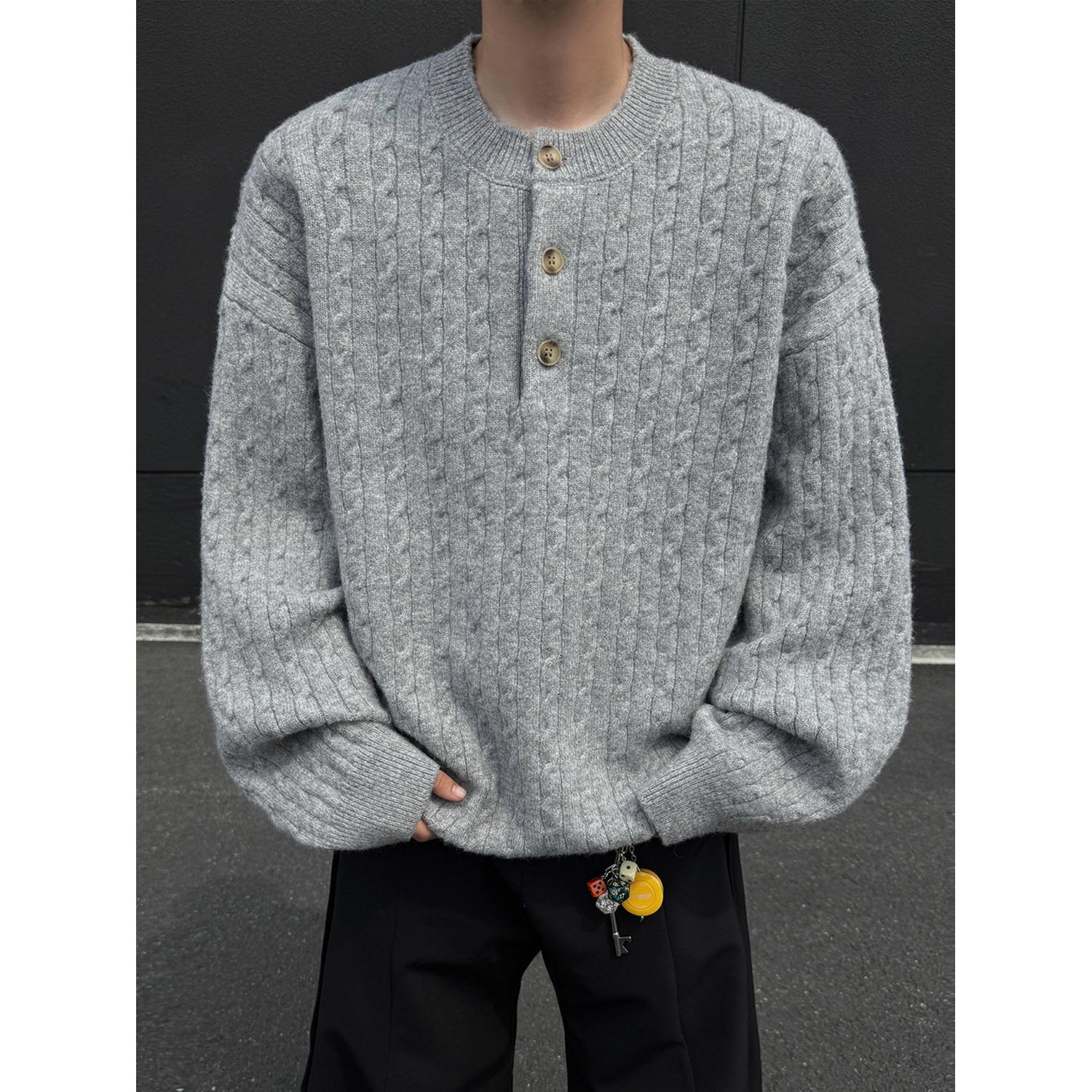 Серый мужской зимний свитер-хенли - Высококачественный вязаный слой L