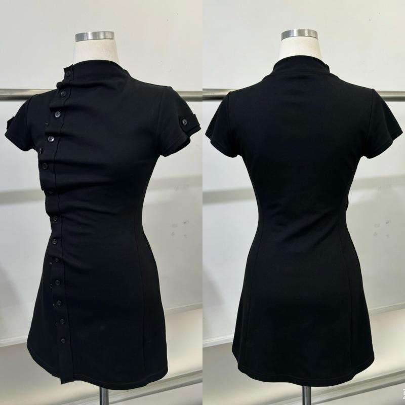 Sommer Vintage zweireihiges Stehkragen kurzärmeliges tailliertes eng anliegendes schwarzes Hüftkleid