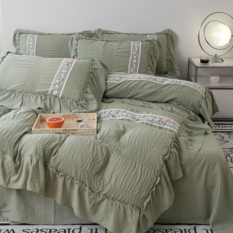 French Seersucker Embroidered Lace Duvet & Sheet Set, 3-Piece Bedding