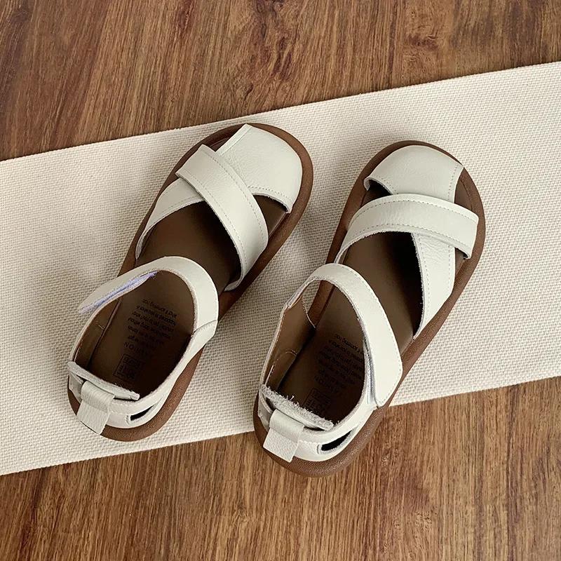 Fashion Women's Sandals 2025 New Comfortable Soft Leather Thick Bottom Roman Sandals Girls Preppy Summer Breathable Casual Flat Shoes