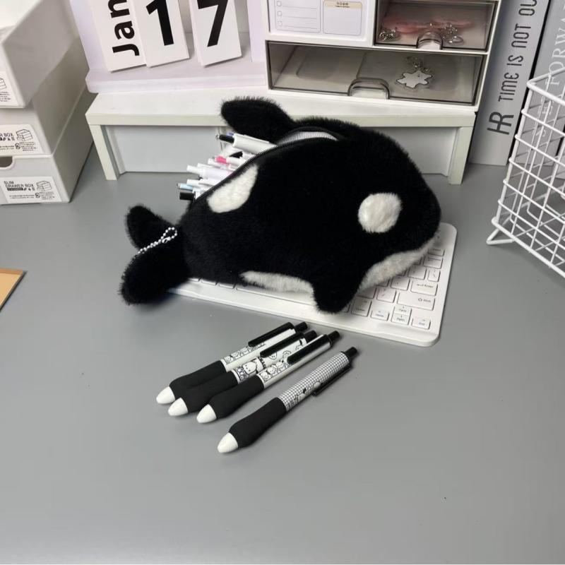 Husă de pluș drăguță cu desene animate balenă ucigașă, cu capacitate mare, pentru depozitarea articolelor de papetărie, penar amuzant pentru elevi, cadou