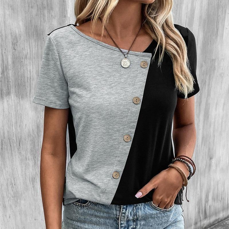 Summer New Crew Neck Short Sleeve Cardigan Button Women s Single-breasted Top S серый