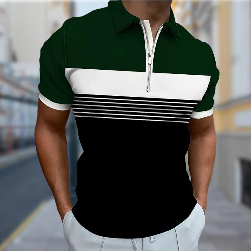 Men's Shirt Polo Casual Zip Short Sleeve Fashion Casual Zipper Summer Spring Regular Fit Natural Color Splicing 3D Print Shirt