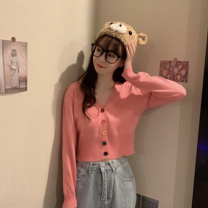 Versatile Korean V-neck Slimming Knit Cardigan - Spring/Autumn Long Sleeve Outerwear