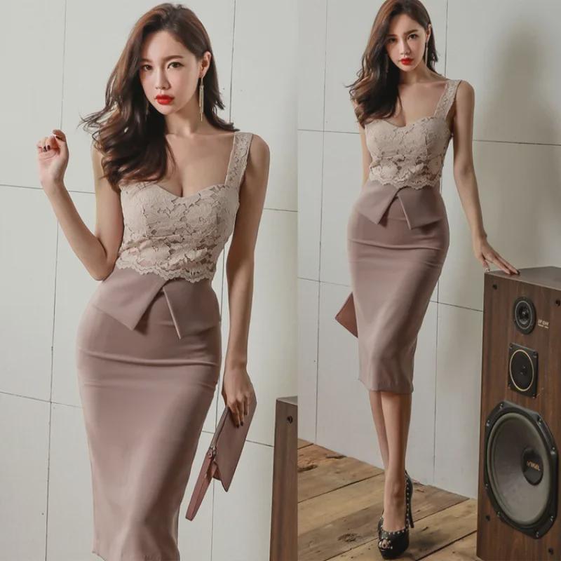 2019 Sommer Koreanisches Spitzen-Hosenträgerkleid – Slim Fit OL-Stil