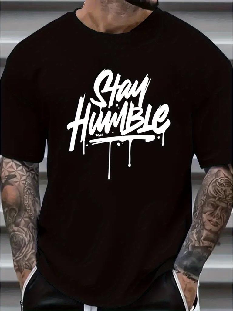 Plus Size Unisexs Stay Humble Letter Print Crew Neck Tee Breathable Polyester Fabric Fashion Casual Allmatch Short Sleeve Top