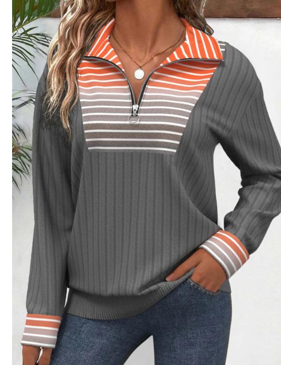 Women s Turn Down Collar Long Sleeve Knit Top Loose Fit Casual Striped Color Block Pullover Sweatshirt S