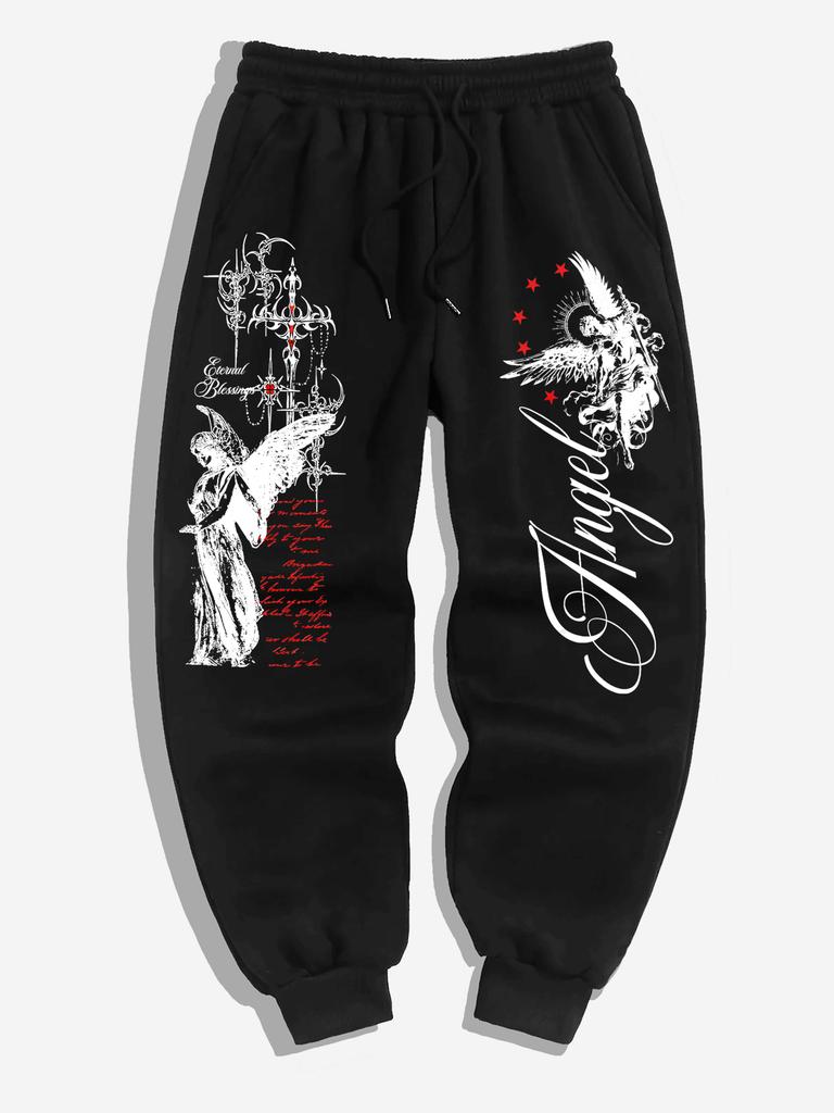[Dark Street Style] Men's Angel-Print Sweatpants – American High-Street Outdoor Casual Jogging Pants