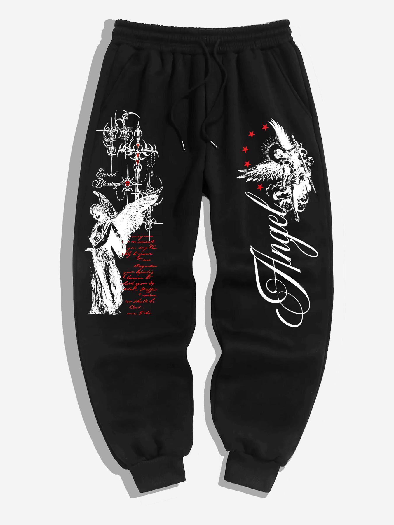 

[Темный уличный стиль] Мужские спортивные штаны с принтом ангела – Американские High-Street повседневные брюки для прогулок и бега L чёрный