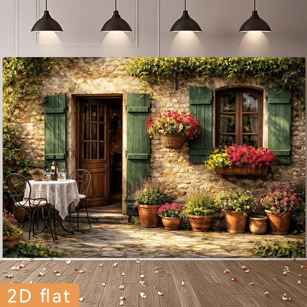 2D plane, 1 piece · European country-style courtyard theme banner background. A cozy and relaxing rural scene.