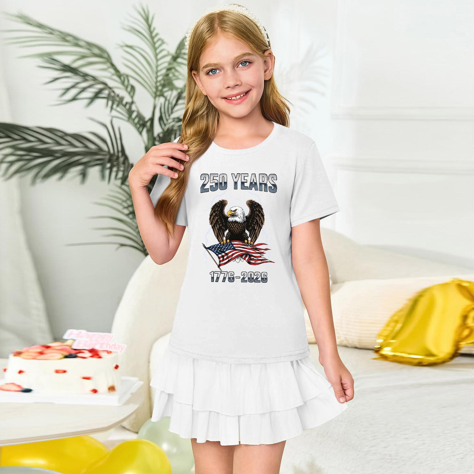 

Girls Short Sleeve Crew Neck T Shirt Casual Printed Tee Top with Eagle and Flag Graphic for Everyday Wear 160 білий