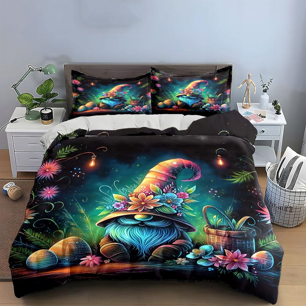 Whimsical Gnome Flower Bedding Bedding Duvet Cover Set Duvet Cover Pillowcases (1 * Duvet Cover 2 * Pillowcases, without duvet insert)