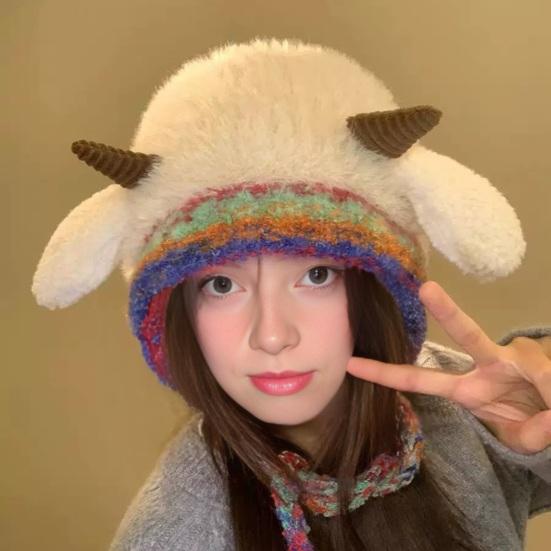 Knitted Hat Lamb Ears Design Universal Fit Soft Plush Windproof Hat Family Photo Christmas Hat 2 In 1 Convertible Santa Hat Tote