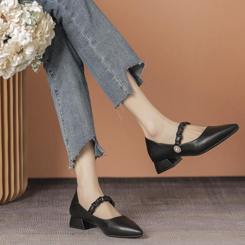 Lightweight Pointed Toe Genuine Leather Single Shoes 3 Cm Shoes Without Grinding Feet for Girls' Office Etiquette Wear Soft Sole Korean Version