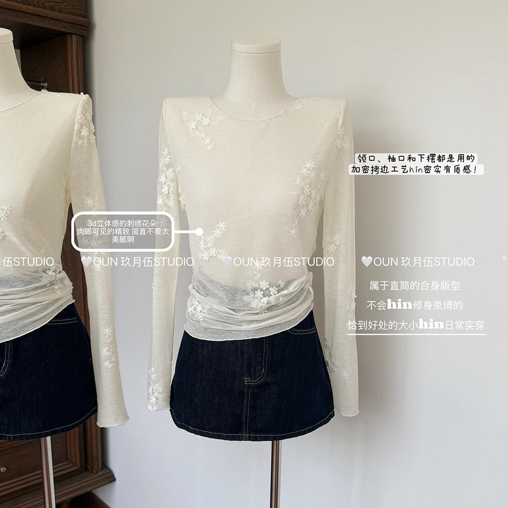 Three-dimensional Exquisite Embroidery Spring and Summer Thin Slightly Transparent Long-sleeved T-shirt Women's Korean Fashion Casual Versatile Top