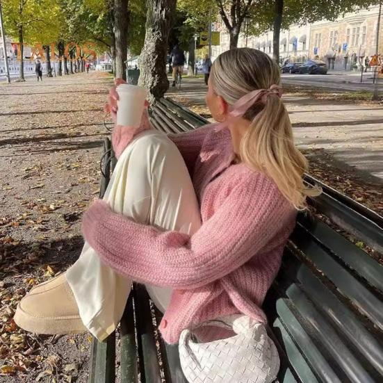 Women Sweater Coat Round Neck Long Sleeve Solid Color Button Down Cardigan Sweater Thick Warm Knit Outwear