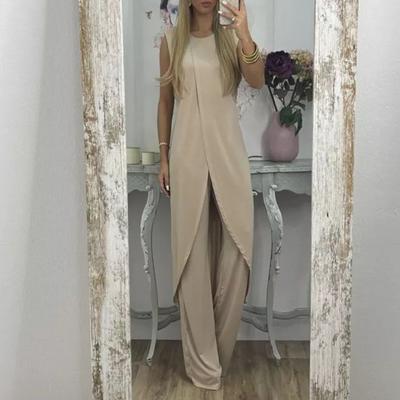 2 Pçs/set Mulheres Top Calças Conjunto Sem Mangas Em Torno Do Pescoço Divisão Hem Perna Larga Reta Comutar Solto Irregular Roupa Feminina