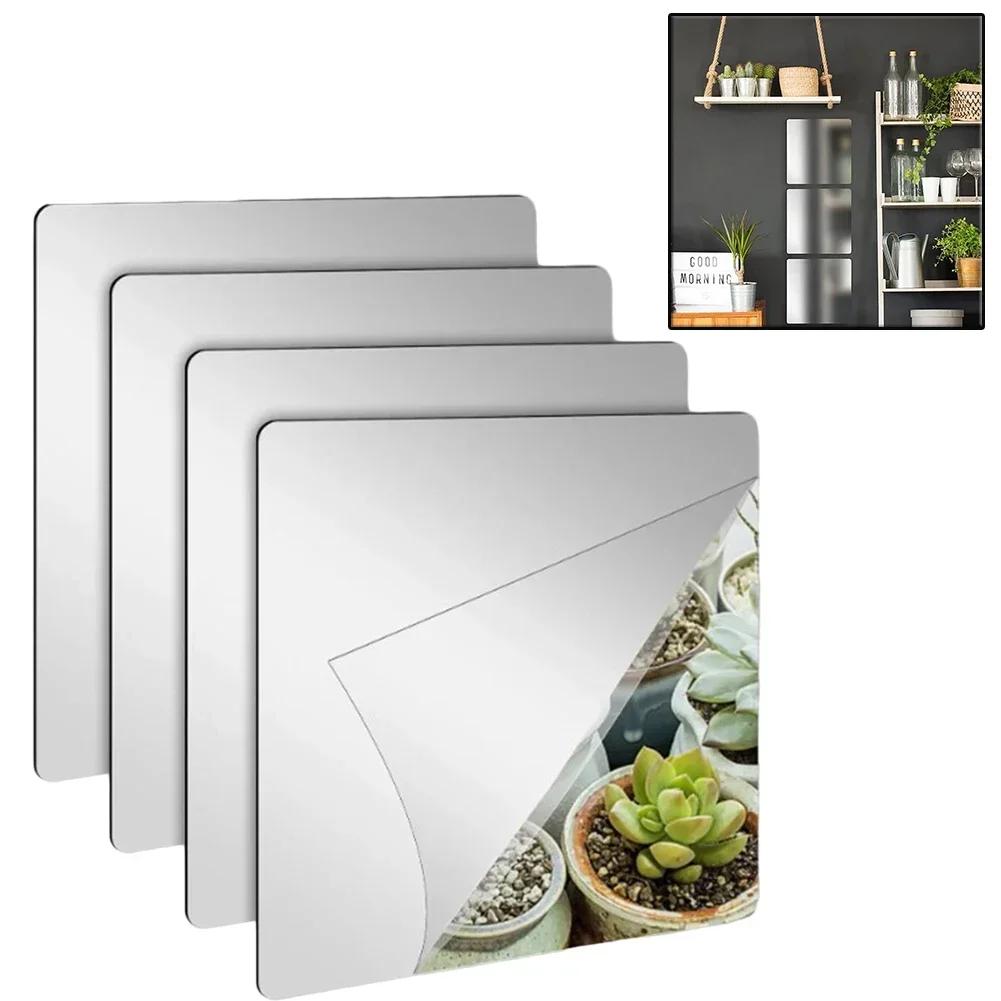 4Pcs Mirror Wall Sticker Acrylic Mirror Adhesive Decal DIY Mirror Stickers Wall Decal For Home Living Room Bedroom Bath Decor