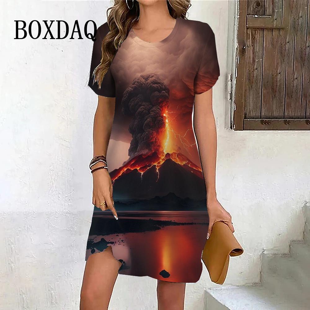 Thunder Weather Print Dress For Women New Short Sleeve Loose Mini Dress Summer 6XL