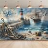 2D Vintage Nautical Tapestry, Lighthouse, Anchor & Compass Scene