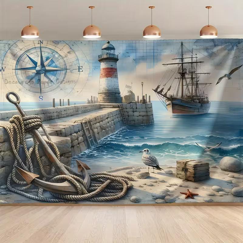 

2D Vintage Nautical Tapestry, Lighthouse, Anchor & Compass Scene 47.2x31.5inch/120*80cm