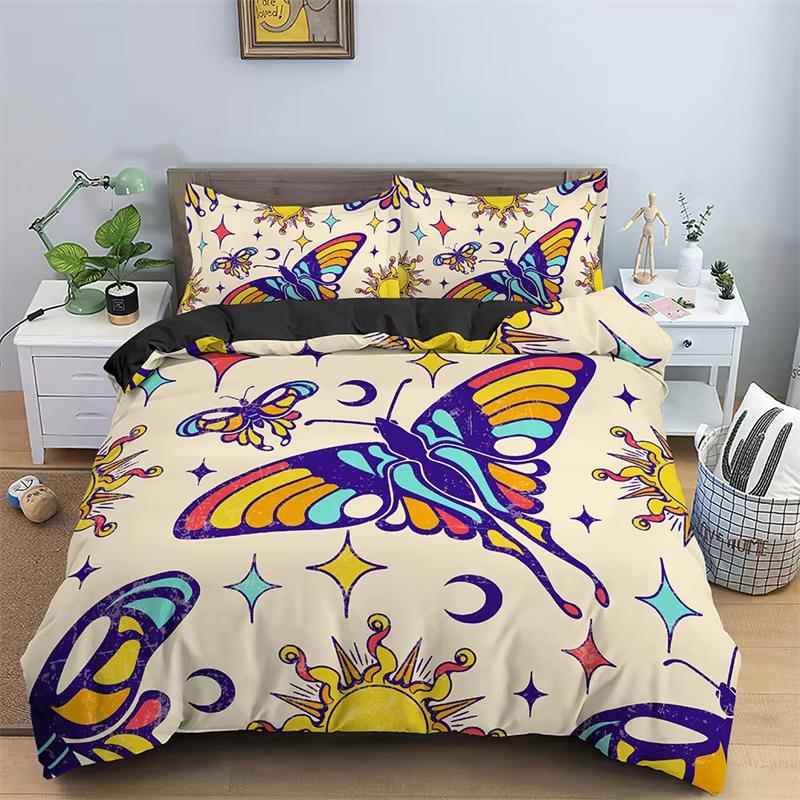 Comforter Butterfly Bedding Set Full King Size Hippie Boho Moth Microfiber Animal Botanical Psychedelic Starry Sky