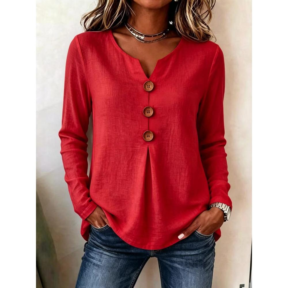 Women New Early Autumn Loose Solid V Neck Button Ruched Long Sleeve Blouse S