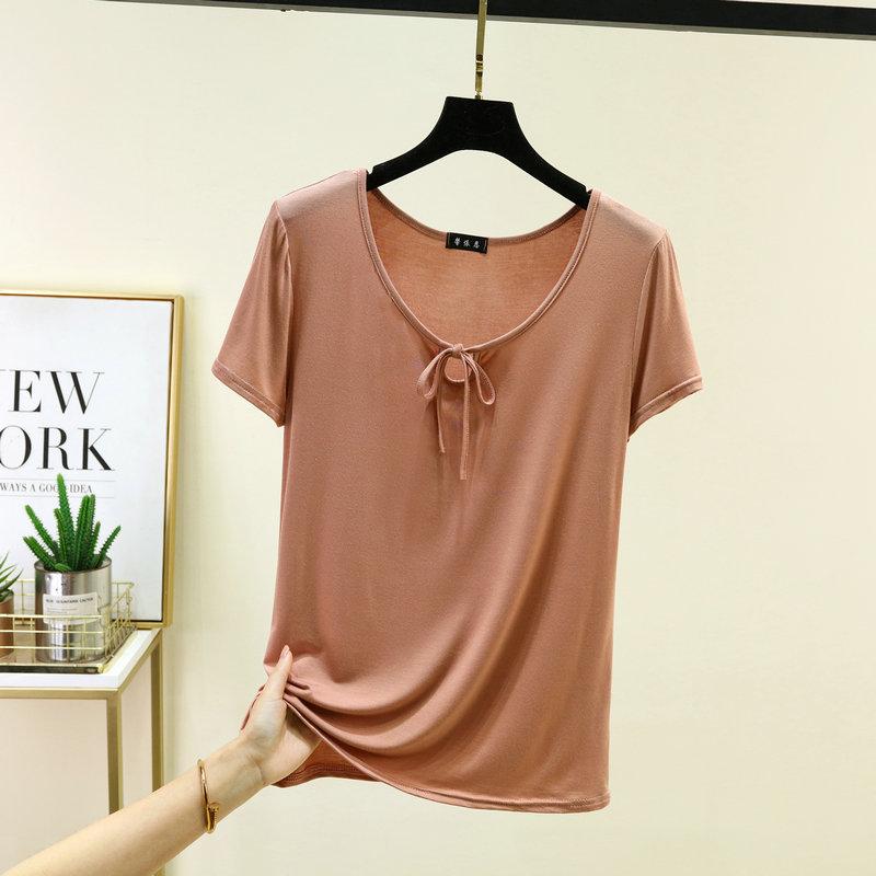 Korean Style Drawstring Modal Short Sleeve Tshirt Cute Slim Fit O Neck T-Shirt Lightweight & Soft Casual Tee Tops for Women Trendy Summer Basic Shirt
